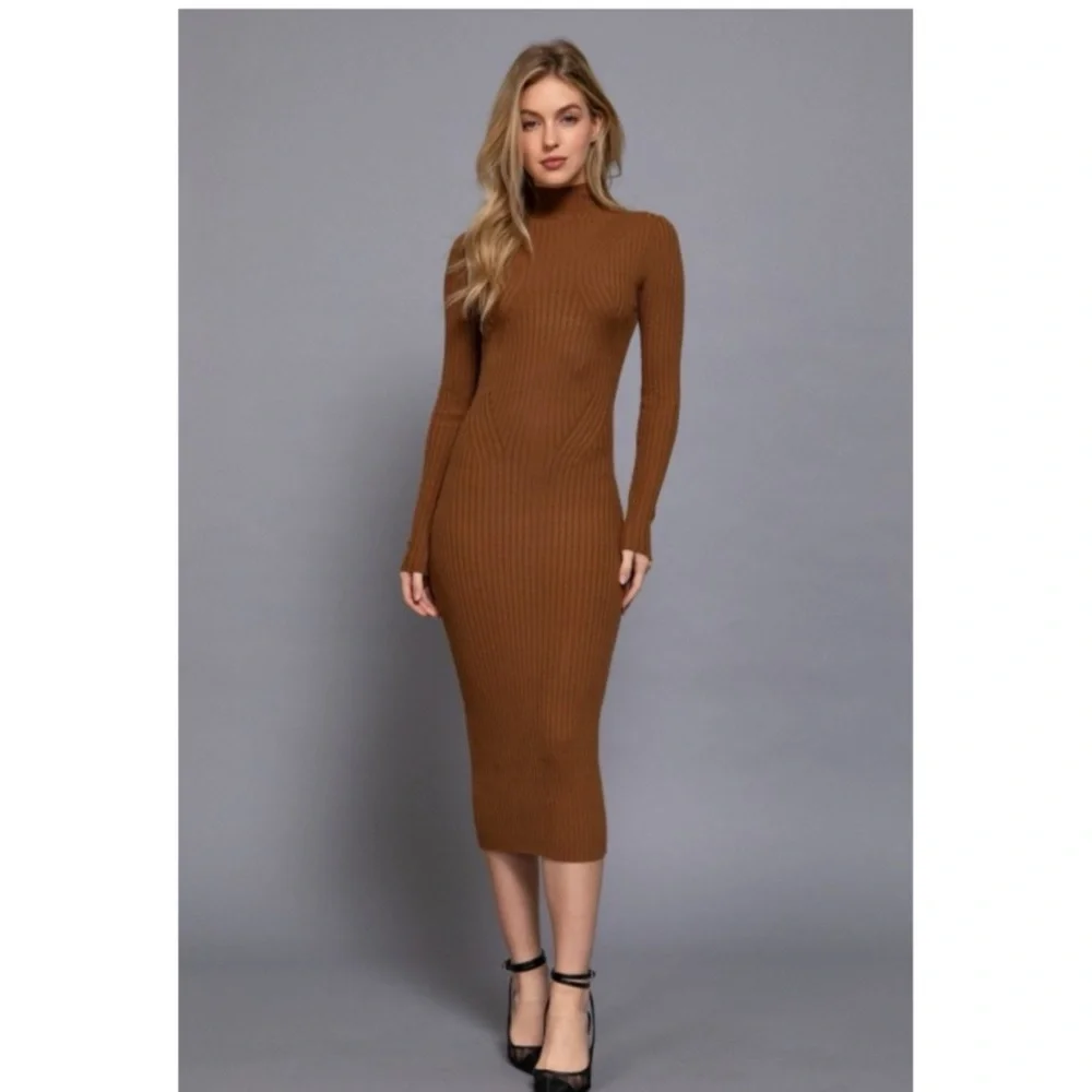 856 • Toffee Brown Knit Mock Neck Parallel Lines Fitted Long Sleeve Midi Dress - Picture 1 of 4